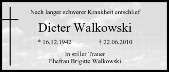 Anzeige von Dieter Walkowski von MGO