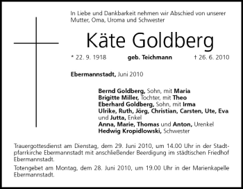 Anzeige von Käte Goldberg von MGO
