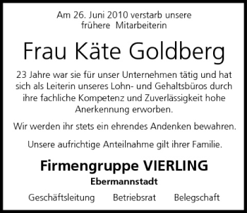 Anzeige von Käte Goldberg von MGO