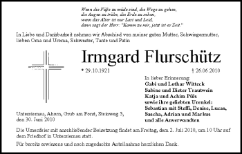 Anzeige von Irmgard Flurschütz von MGO