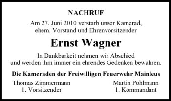 Anzeige von Ernst Wagner von MGO