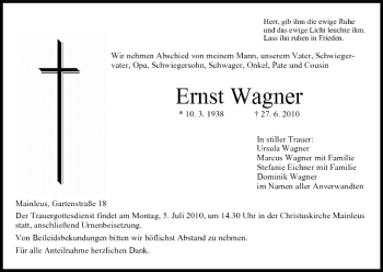 Anzeige von Ernst Wagner von MGO