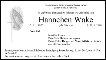 Anzeige von Hannchen Wake von MGO
