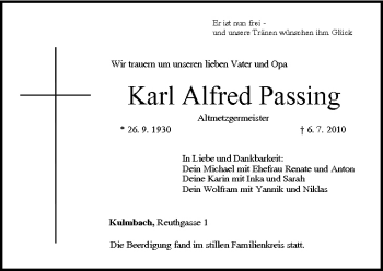 Anzeige von Karl Alfred Passing von MGO