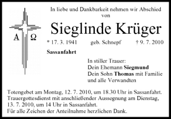 Anzeige von Sieglinde Krüger von MGO