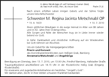 Anzeige von Regina Jacinta Metschnabel von MGO