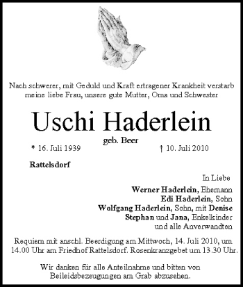 Anzeige von Uschi Haderlein von MGO