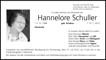 Anzeige von Hannelore Schuller von MGO