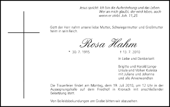 Anzeige von Rosa Hahn von MGO