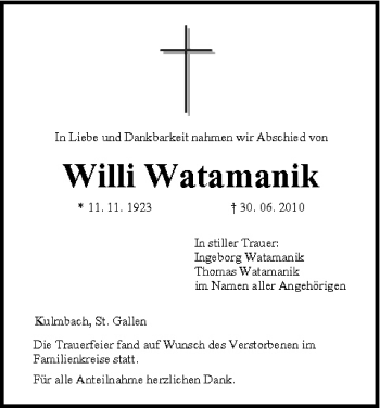 Anzeige von Willi Watamanik von MGO