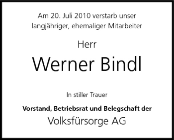 Anzeige von Werner Bindl von MGO