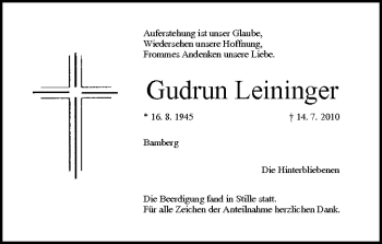 Anzeige von Gudrun Leininger von MGO