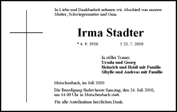 Anzeige von Irma Stadter von MGO