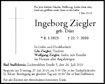 Anzeige von Ingeborg Ziegler von MGO
