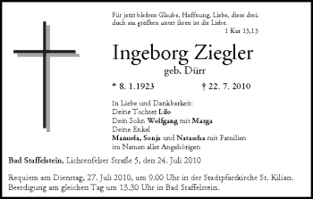 Anzeige von Ingeborg Ziegler von MGO