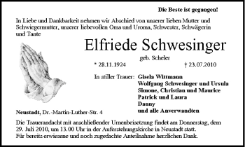 Anzeige von Elfriede Schwesinger von MGO