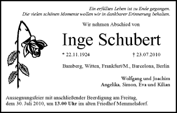 Anzeige von Inge Schubert von MGO