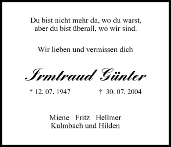 Anzeige von Irmtraud Günter von MGO