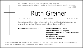 Anzeige von Ruth Greiner von MGO