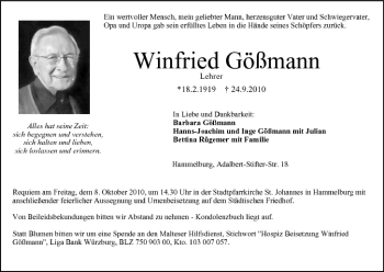 Anzeige von Winfried Gößmann von MGO