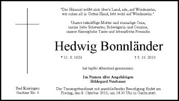 Anzeige von Hedwig Bonnländer von MGO