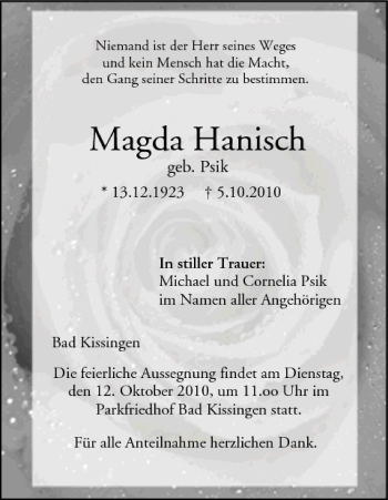 Anzeige von Magda Hanisch von MGO
