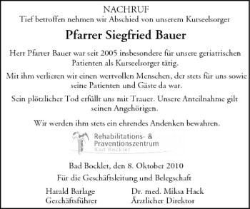 Anzeige von Siegfried Bauer von MGO