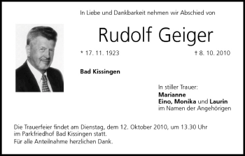Anzeige von Rudolf Geiger von MGO