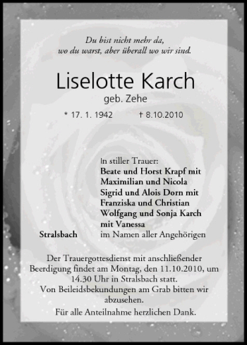 Anzeige von Liselotte Karch von MGO