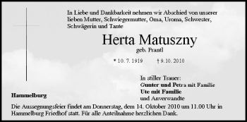 Anzeige von Herta Matuszny von MGO