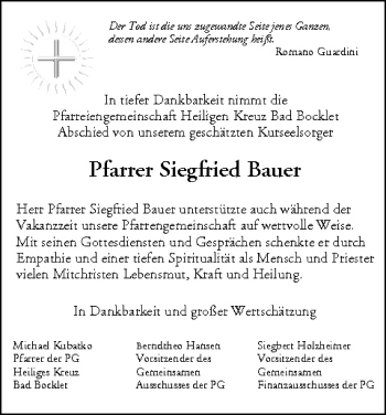 Anzeige von Siegfried Bauer von MGO