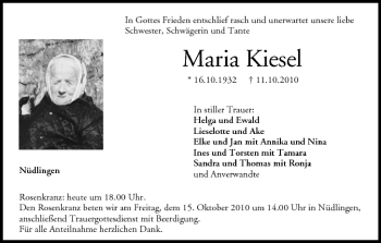 Anzeige von Maria Kiesel von MGO