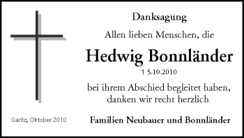 Anzeige von Hedwig Bonnländer von MGO