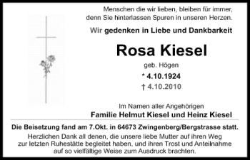 Anzeige von Rosa Kiesel von MGO