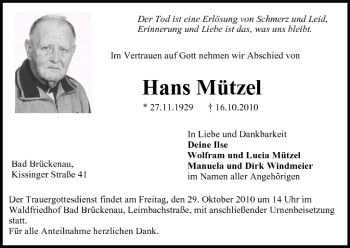 Anzeige von Hans Mützel von MGO