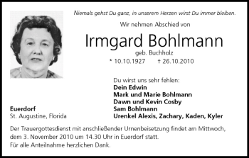 Anzeige von Irmgard Bohlmann von MGO
