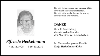 Anzeige von Elfriede Heckelmann von MGO