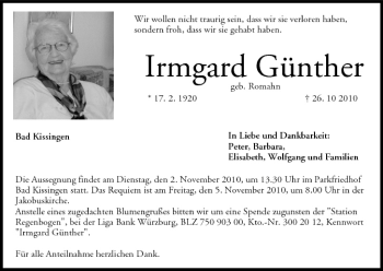 Anzeige von Irmgard Günther von MGO