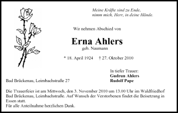 Anzeige von Erna Ahlers von MGO
