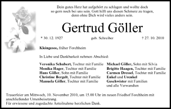 Anzeige von Gertrud Göller von MGO
