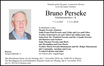 Anzeige von Bruno Perseke von MGO