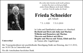 Anzeige von Frieda Schneider von MGO