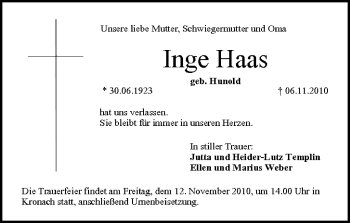Anzeige von Inge Haas von MGO