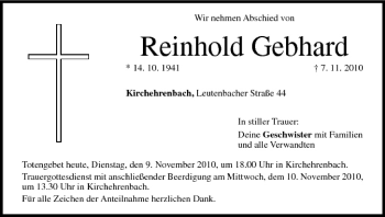 Anzeige von Reinhold Gebhard von MGO