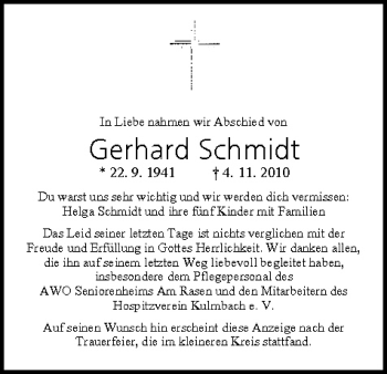 Anzeige von Gerhard Schmidt von MGO