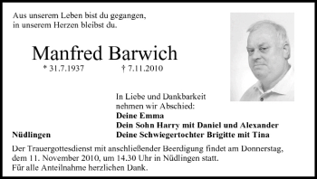Anzeige von Manfred Barwich von MGO
