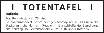 Anzeige von Totentafel vom 14.09.2015 von MGO