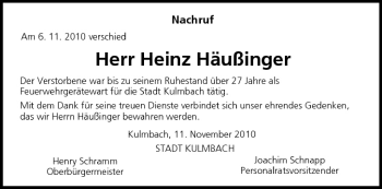 Anzeige von Heinz Häußinger von MGO