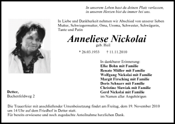Anzeige von Anneliese Nickolai von MGO