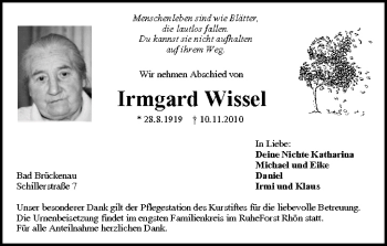 Anzeige von Irmgard Wissel von MGO